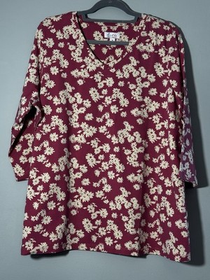Denim D & Co Size 1X Pink & Off White Floral Print Tunic Top 3/4 Sleeves Stretch