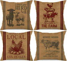 Vintage Farmhouse Animal Pillow Covers 18X18 Set of 4 Farm Rooster Egg Dealer