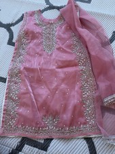 Pakistani Indian Shalwar Kameez Chiffon Size 30 Lined Pink Pearl Silver Beads