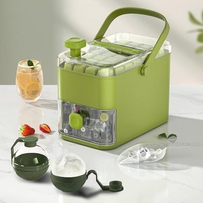 Compact Double Layer Ice Cube Tray with Lid and Bin, One-Click Demolding,