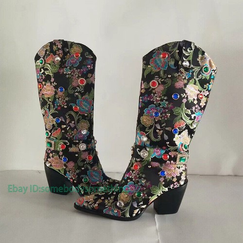 Women's Pointed Toe Side Zipper Embroidered Rhinestone Leather Plus Size Boots - Picture 5 of 30