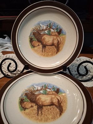 Cabela's Folkcraft Stoneware Scotty Z Bugling Elk Salad Plate  8 3/4'' set of 4