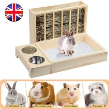 3 in 1 Rabbit Hay Feeder with Litter Box,Wooden Hay Feeder with 2 Bowls & Litter