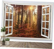  Fall Forest Tapestry Autumn Maple Tree Misty Forest Window 40L" x 60W" Brown
