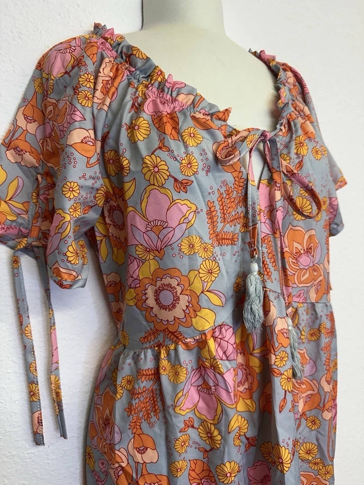 Vestido Retro Años 70 Mod Hippie Floral Campesino Boho Pradera Cottagecore Midi M L Foto 3 de 4