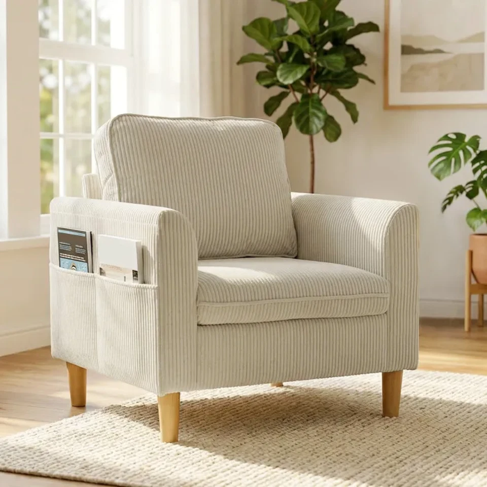 HOMCOM Fauteuil Salon Velours Côtelé Beige Rembourré Ressorts 83x74x87cm - Photo 2/4