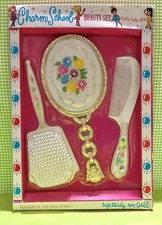 Vintage Children  s Floral/White/Gold Beauty Vanity Set-Mirror Brush Comb