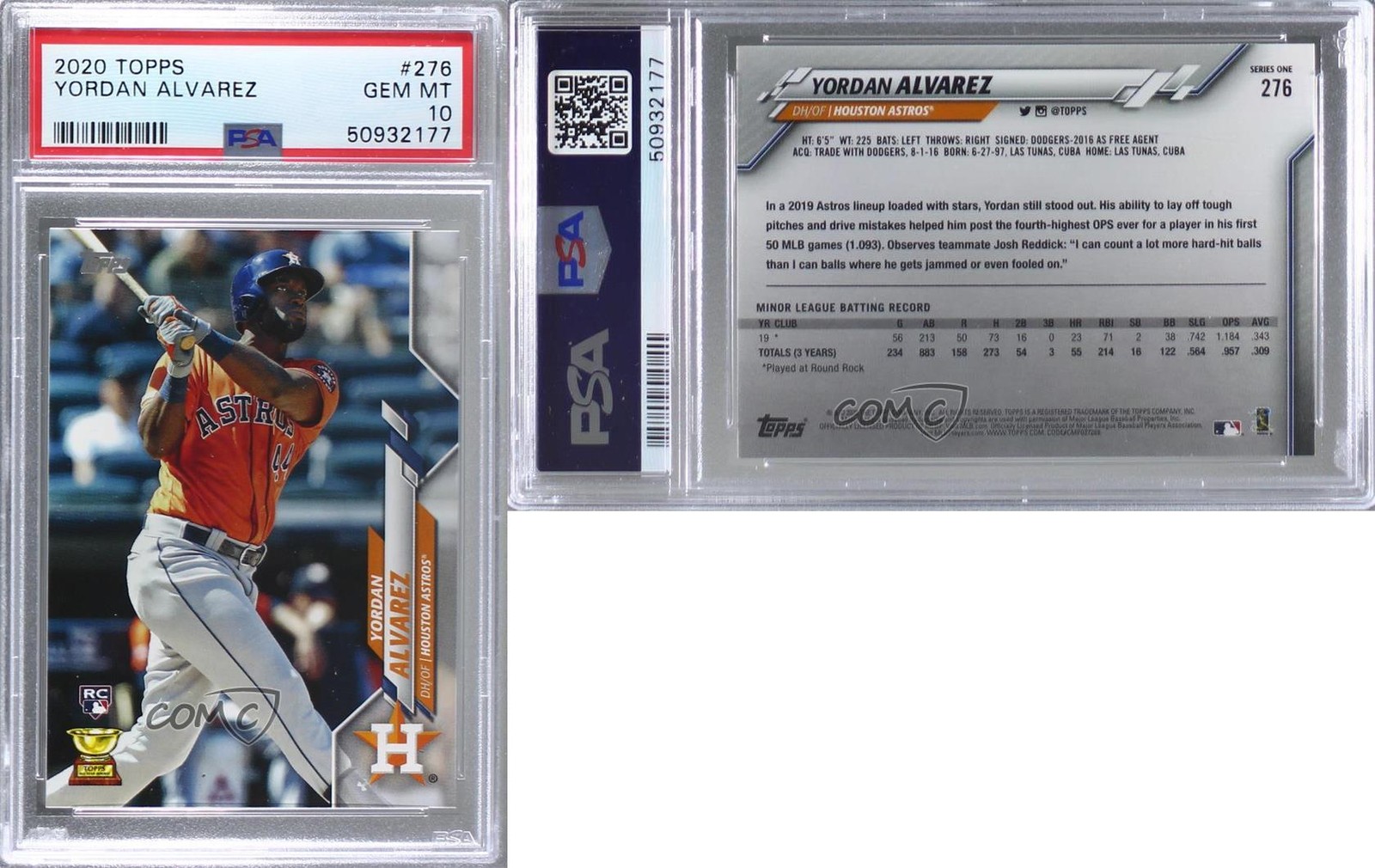 2020 Topps Yordan Alvarez (Orange Jersey) #276 PSA 10 GEM MT Rookie RC view 3