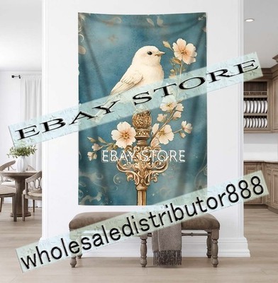 White Bird on Golden Branch Tapestry Celestial Moon Magic Wall Hanging 59X82 in
