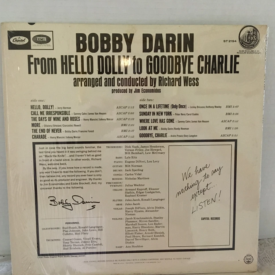 Bobby Darin-Hello Dolly to Goodbye Charlie-Capitol ST-2194 Original Stereo - Image 2 of 4
