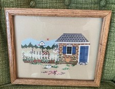 Vintage Cross Stitch Framed Cottage 9x11