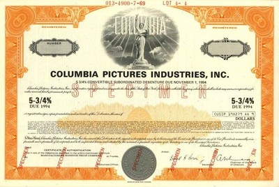 Columbia Pictures Corp. - American Film Production Studio Bond - Very Rare - S