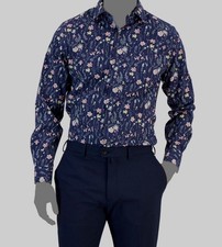 Bar III Men's Blue Slim Fit Floral Print Dress Shirt Size 14-14.5
