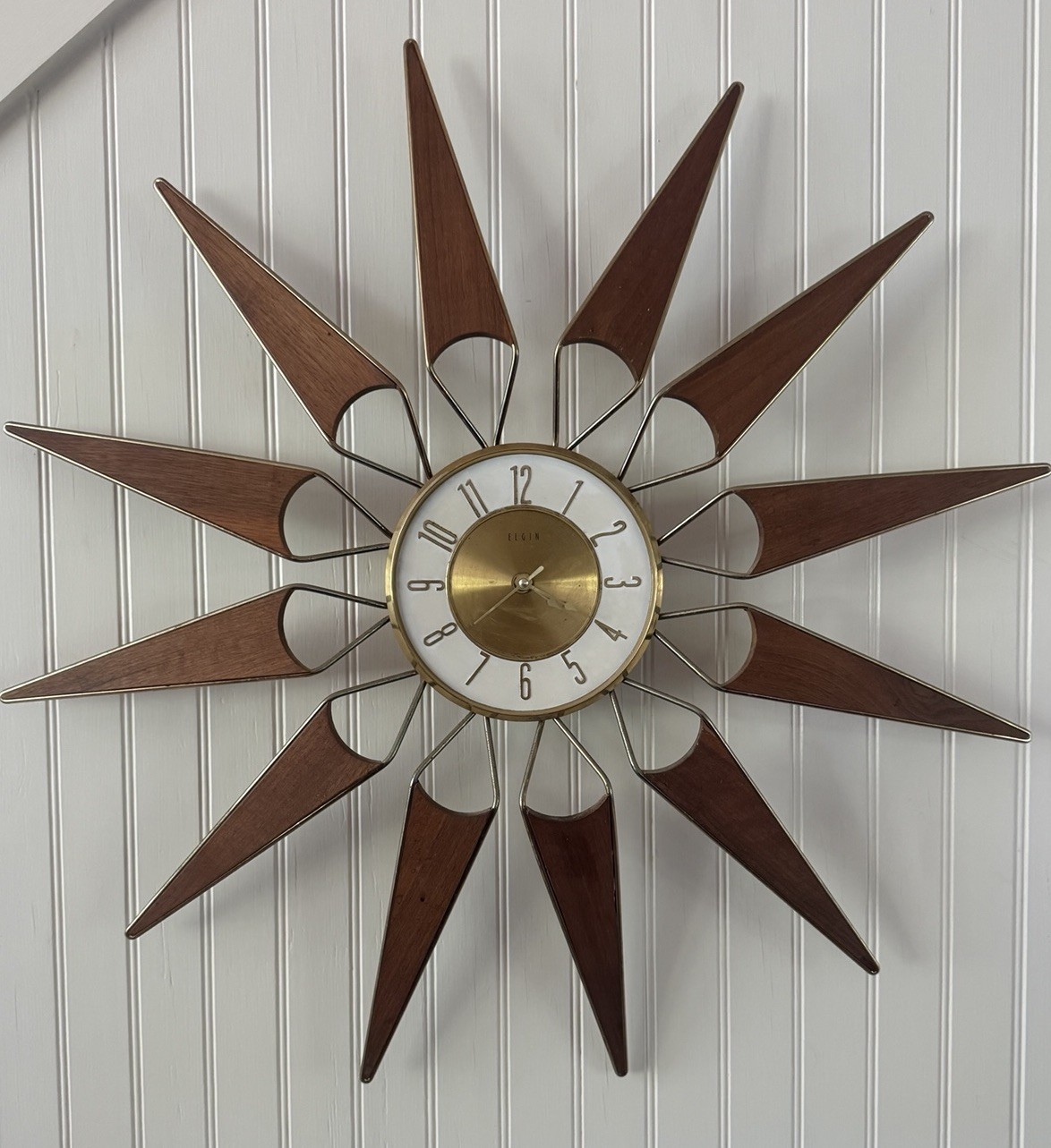 VTG MCM Elgin 28” Starburst Sunburst Wall Clock Retro 1960's Wood Gold Runs
