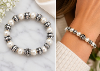 Faux Pearl Silver Plated Beaded Stretch Bracelet Designer Style 6  Logo Stack