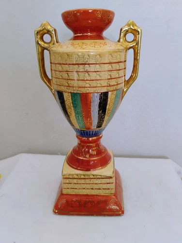 Vintage Japanese Thousand Faces 7” Egyptian Revival Handled Pedestal Urn/ Vase