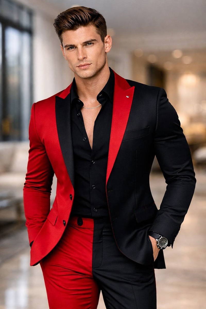 black and red formal dress for men Mens Shiny Fancy Prom Suit Tuxedo Red Black Slim Fit M363SK