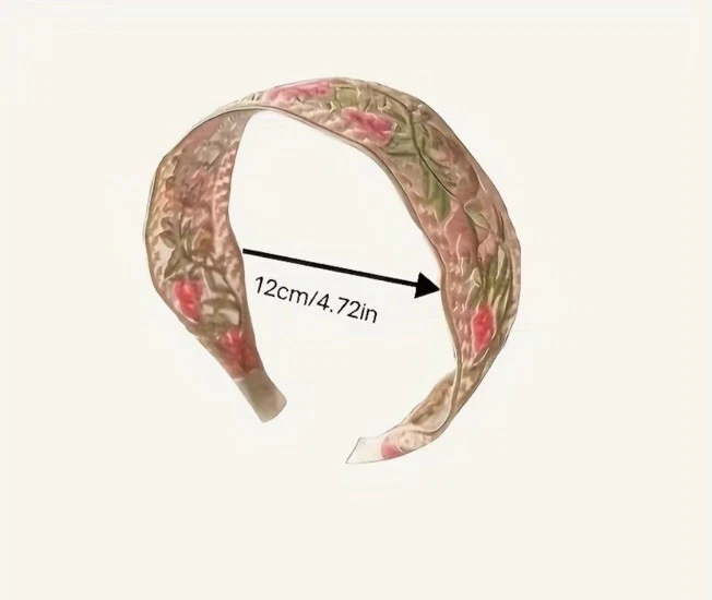 Faixa de cabelo vintage retrô tecido de renda bordado verde e rosa - Imagem 2 de 4