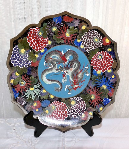 Meiji Japanese Cloisonne Goldstone Enamel Dragon Chrysanthemums Scalloped Plate - Picture 4 of 21