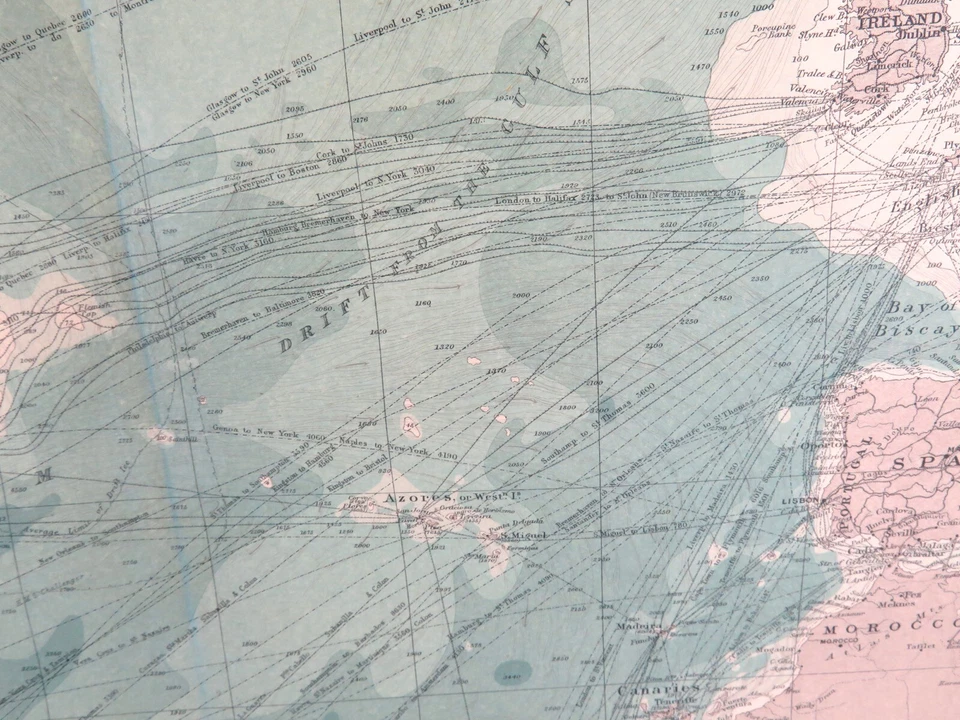 .1922 SCARCE LARGE MAP of THE NORTH ATLANTIC OCEAN + SHIPPING ROUTES. VERY NICE! - Image 4 of 4
