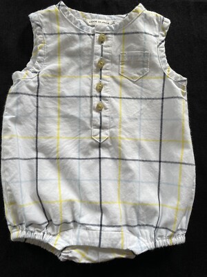 Janie and Jack EUC White/Grey/Blue/Yellow Plaid Cotton Lined Bubble-0-3 Mos