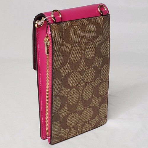 🩷COACH NORTH SOUTH Phone Crossbody Purse In Signature Leather Khaki/Cerise Pink - Picture 3 of 5