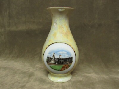 Vintage Souvenir Porcelain Vase Buckingham Palace London Yellow Lustre Glaze