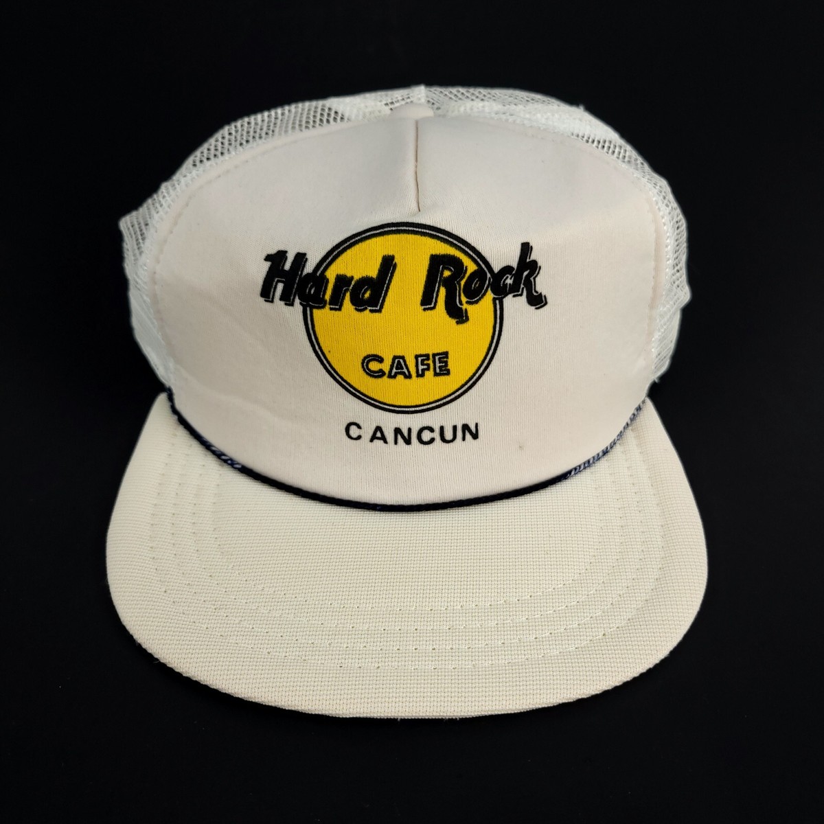 Vintage Hard Rock Cafe Cancun Snapback Flat Bill Hat Cap Off White Beige