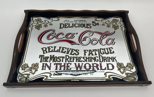 Coca-Cola Glass Mirror Wood Serving Tray/Coke Advertising Hanging Sign Vintage