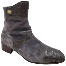 Vintage Mauri Exotic Ostrich and Suede Gray Dress Shoes Mens 8.5 Ankle Zip Boots