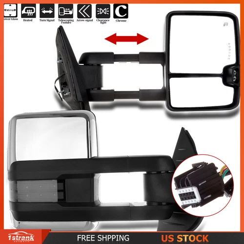 For 07-13 Sierra Mirrors Pair Power Signal Heated Chrome Towing Mirrors