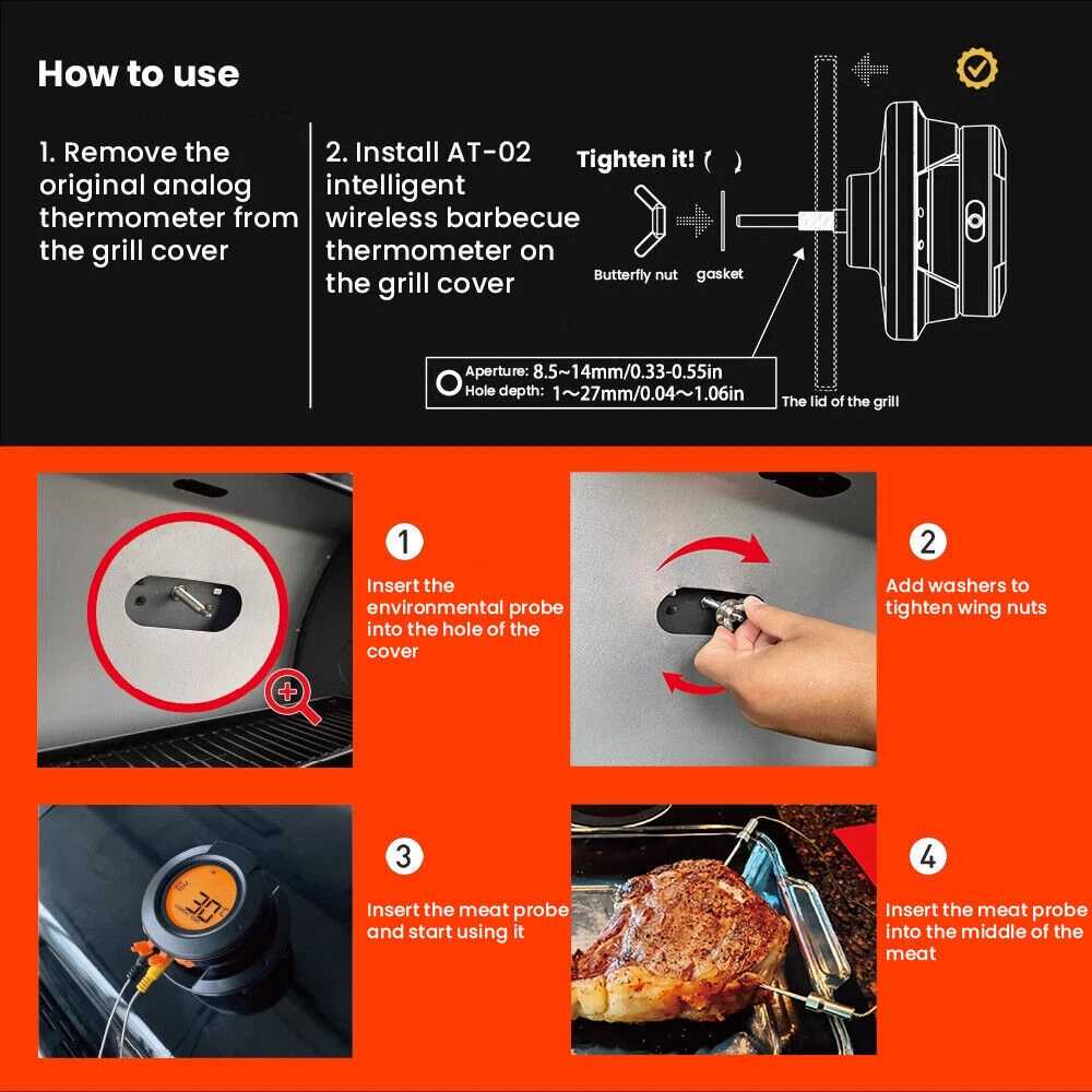 Meat Thermometer Cooking BBQ Oven Rotisserie Smoker Bluetooth Remote Monitor
