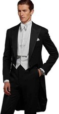 Men's 3 Piece Black Peak Lapel Party Prom Groom Tuxedo Wedding Tailcoat Suit