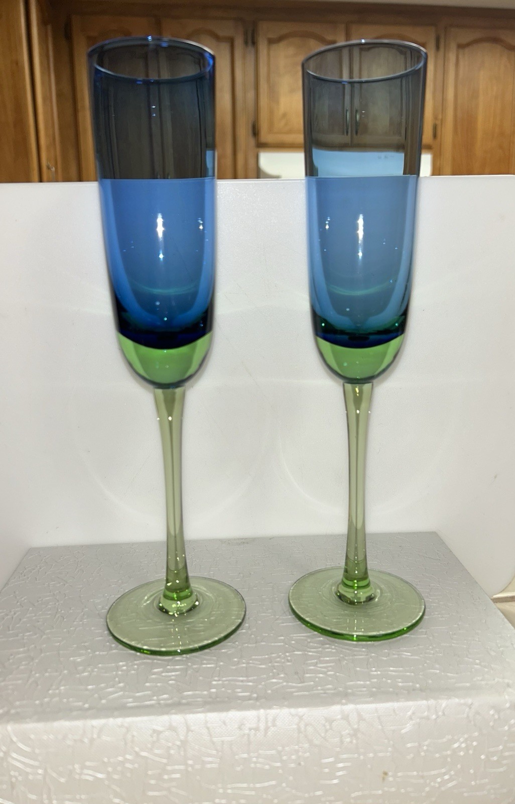 2 Festival Blue Green Champagne Flutes Glasses Block Metropolis Blown Glass Mint