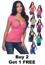 Color Story Sexy Casual Cleavage Ribbed Henley Rhinestone Capsleeve Top