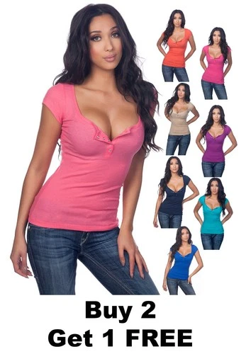 Color Story Sexy Casual Cleavage Ribbed Henley Rhinestone Capsleeve Top