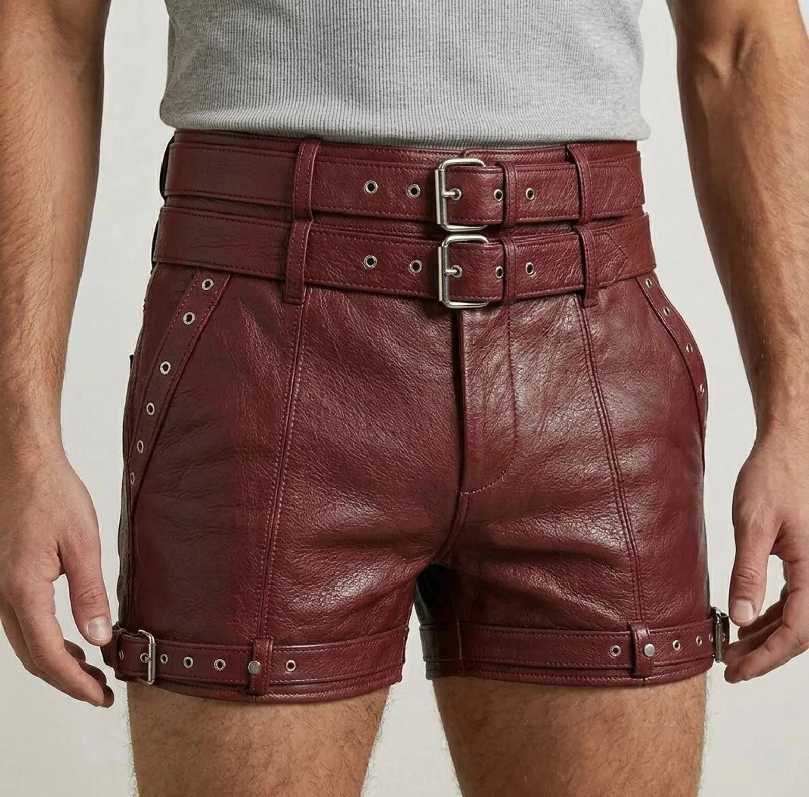 Men's Burgundy Lambskin Leather Short, Double Buckle Gothic Festival style Short