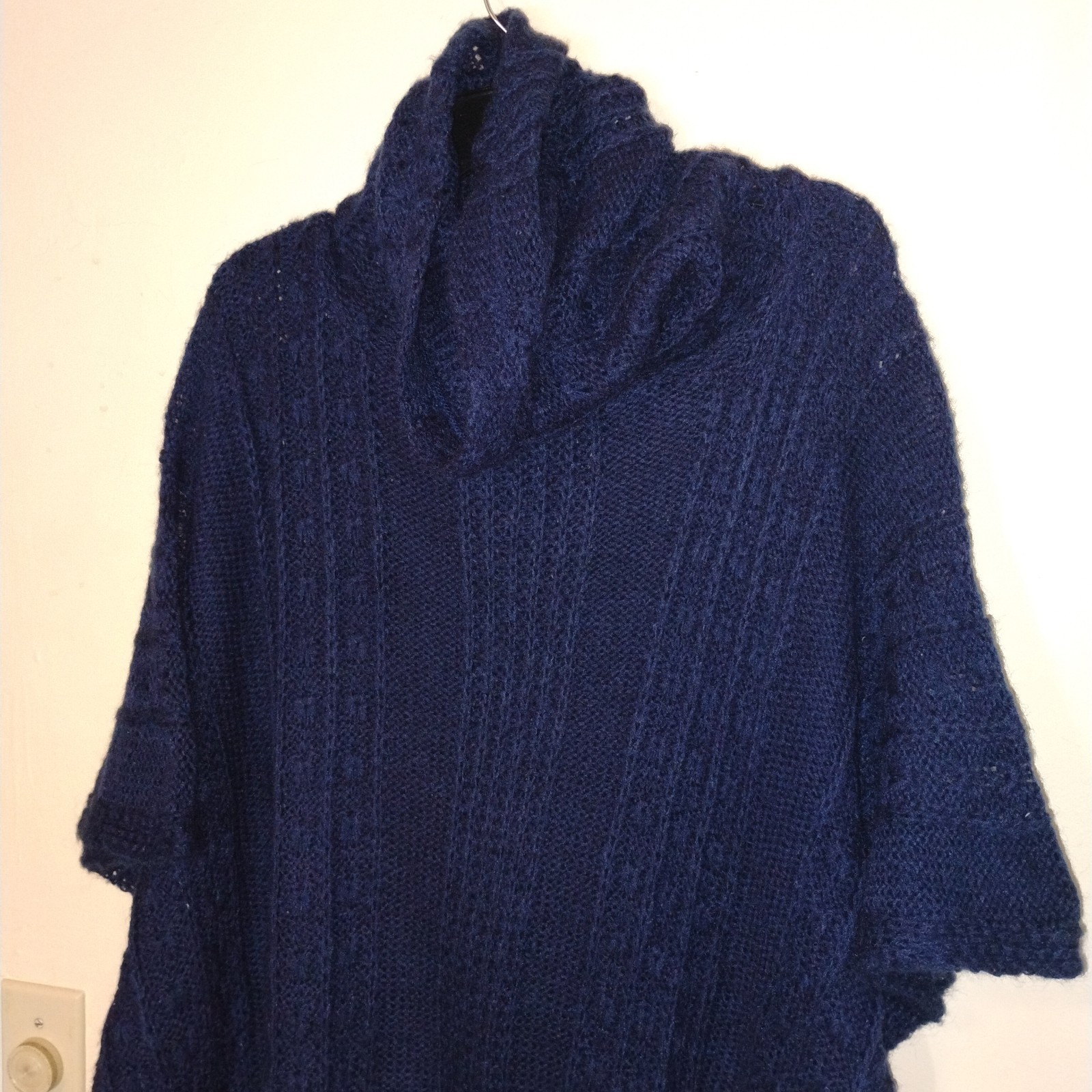 Navy Blue Cable-Knit Sweater Poncho Cowl Neck One Size Lagenlook Boho ...
