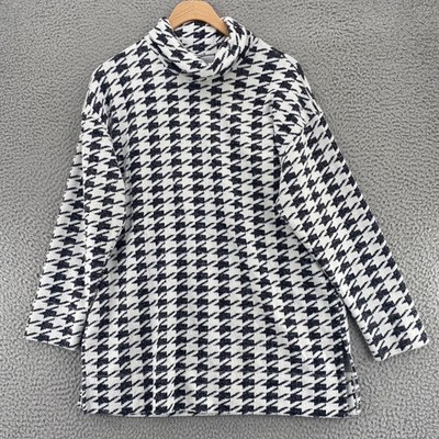 Chicos Sweater Womens 0 US Small White Black Houndstooth Jacquard Knit Cowl Neck