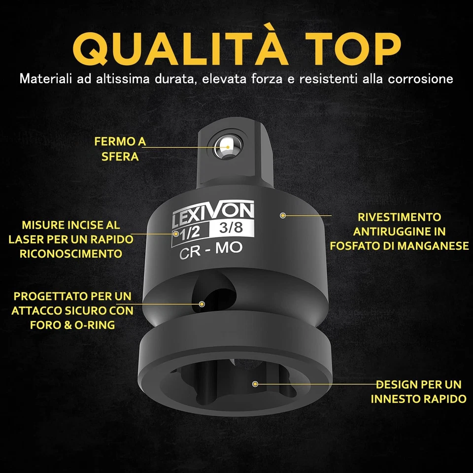 ADATTATORI PER BUSSOLA AD IMPATTO KIT RIDUTTORI 1/4" 3/8" 1/2" PER AVVITATORE MA - Immagine 2 di 4