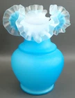 Vintage Fenton Glass Cased Turquoise Blue Overlay Satin Ruffled Edge 10" Vase