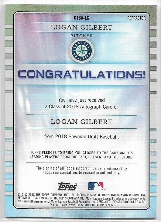 2018 Bowman Draft Chrome Logan Gilbert Class of 2018 Auto #'d /250 Mariners - Image 2 of 2