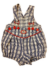 Vtg Oshkosh 6-9 Month Red  Blue Sailor Shortalls Plaid Stars Vestbak Red Button