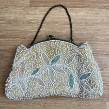 Vintage Floral Beaded Evening Bag Champagne White Seed Bead Kiss Lock Clutch