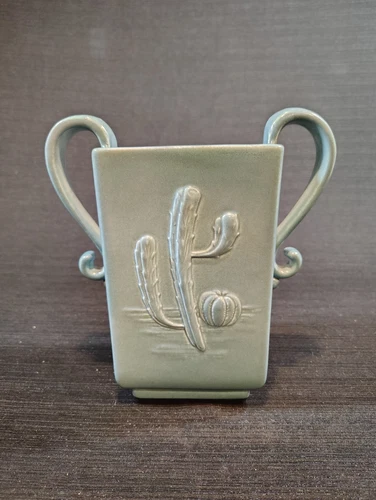 Vintage, Red Wing, Art Pottery, #764, Cactus, Vase W/ Handles, Teal/Green
