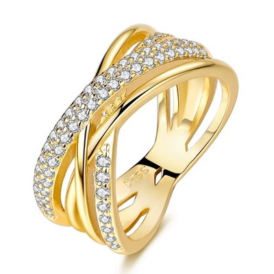 European 925 Sterling Silver Finger Ring CZ Wide Golden Cross for Women Jewelry