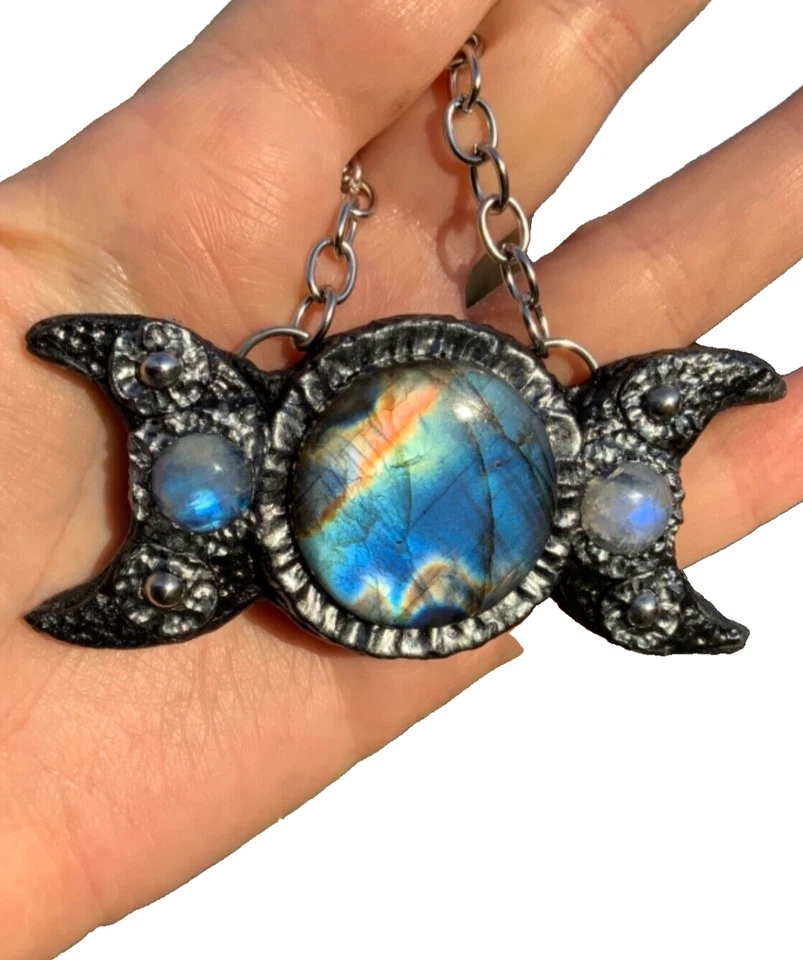 Huge Labradorite Pendant Necklace Artisan Handcrafted Triple Moon - Image 3 of 4