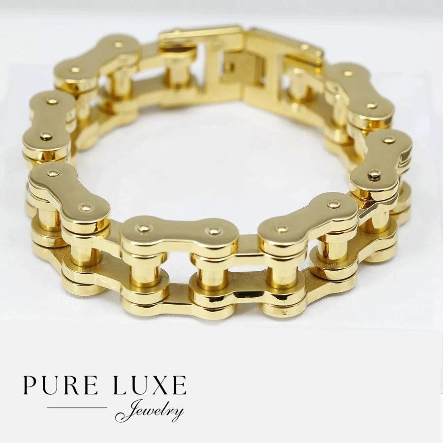 Men's Steel,Motorcycle Bike Link Chain Bracelet Gold