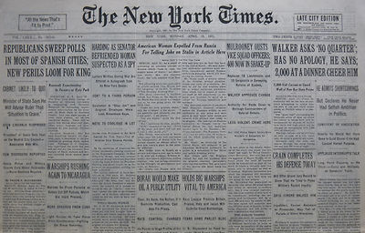 4-1931 APRIL 13 HARDING MULROONEY WALKER SPAIN POLLS, WARSHIPS NICARAGUA