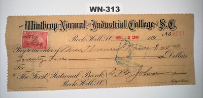 COOL LATE 19TH CENTURY BANK CHECK - Winthrop Normal & Industrial College  WN-313